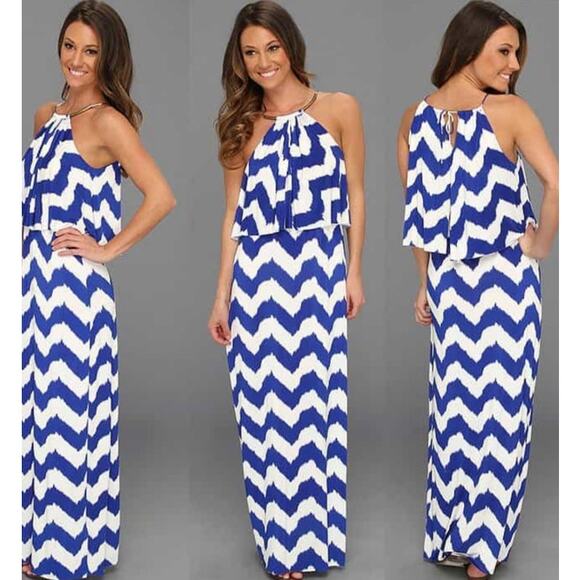 T-Bags Los Angeles Dresses & Skirts - T-Bags Los Angeles Blue and White Chevron Print Jersey Maxi Dress sz XS